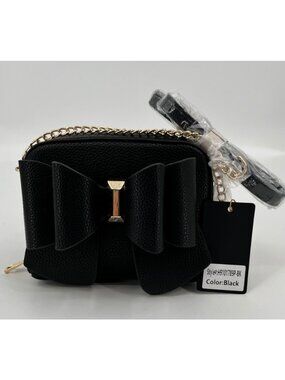 Crossi Chloe Bow Crossbody Black Faux Leather Zip Closure Chain Strap Logo